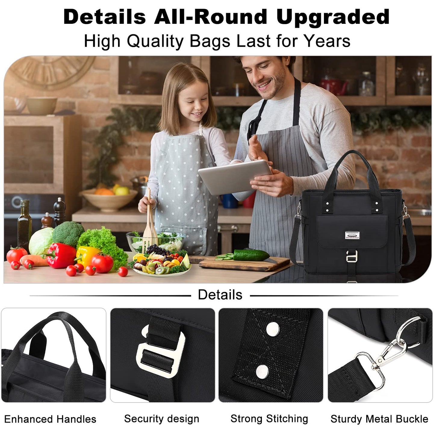 Weitars Insulated Lunch Bag for Men Women,Leak Proof Lunch Box for Work,Extra Large Lunch Tote Bag With Removable Shoulder Strap with Side Pockets,Reusable Lunch Cooler Purse For Picnic Hiking