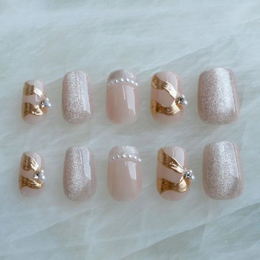 [GLORS] Purely Handmade Press On Nails | Elegant French Pink Pearl Gold Fake False Nail | Salon Quality in Short Square shape, 10 pieces (Medium, SS)