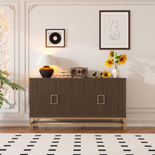 GDFStudio 60" Modern Sideboard Buffet Storage Cabinet with 4 Doors & Adjustable Shelves, Retro Coffee Bar with Metal Handles & Legs, Kitchen Cupboard Organizer for Dining Room Living Room, Espresso