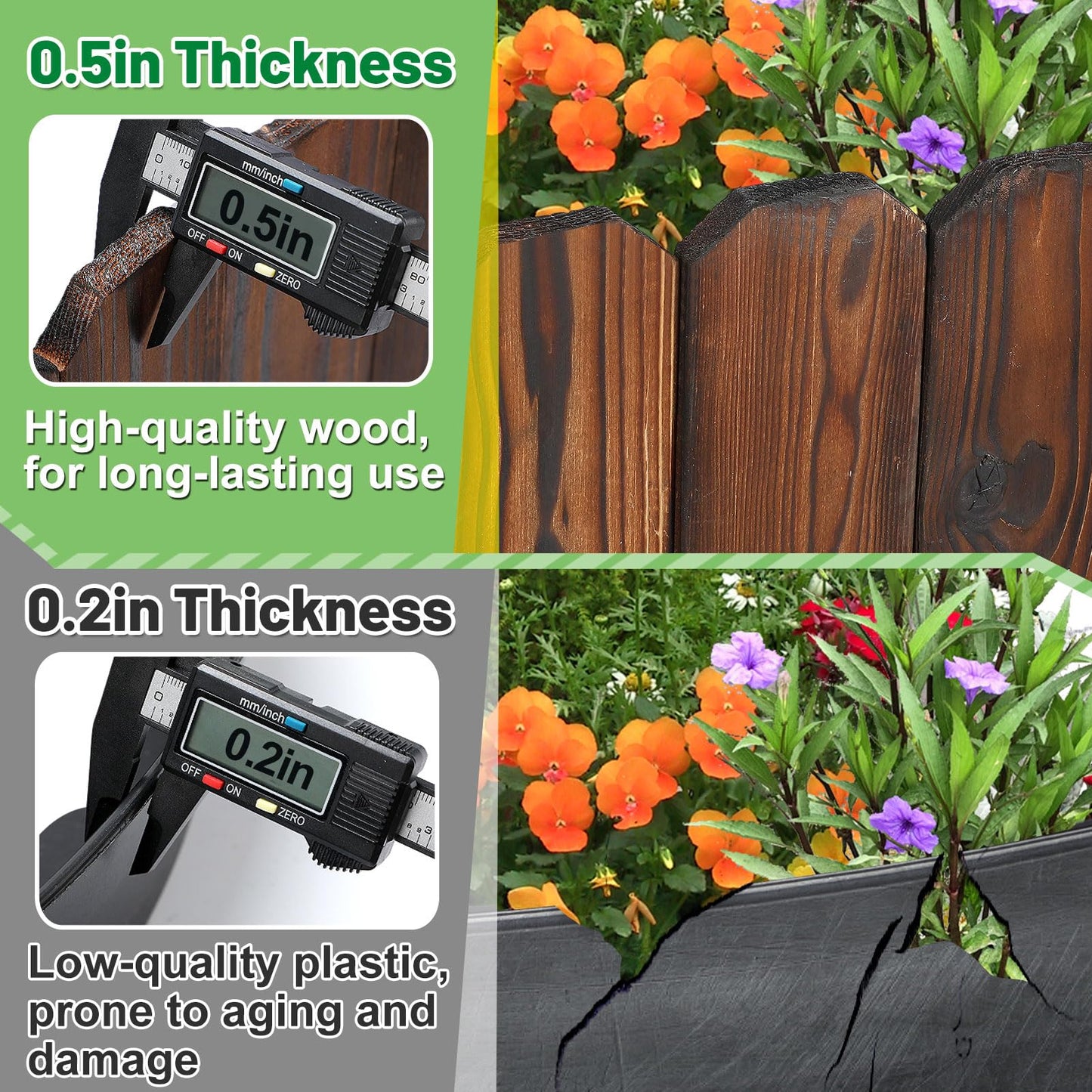 Rustic Pine Wood Landscape Edging - 11.8ft L x 8in H Garden Fence Border, Easy to Install Sturdy Wooden Planter Fencing for Yard Flower Bed Lawns Pathway Tree