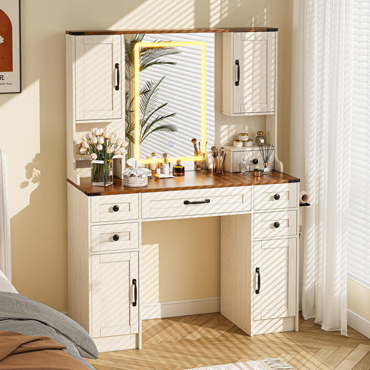 NBYSGO Farmhouse Vanity Desk with Mirror and Lights, Large Makeup Table with 6 Drawers and 4 Storage Cabinets, 3 LED Lights Modes, White Dressing Set for Girls Bedroom