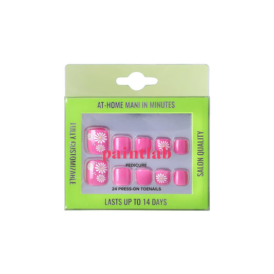 PaintLab Press-On Pedicure, Pinkie Tootsie, Pink with Flowers, Reusable False Toenails Kit, 24 Pieces