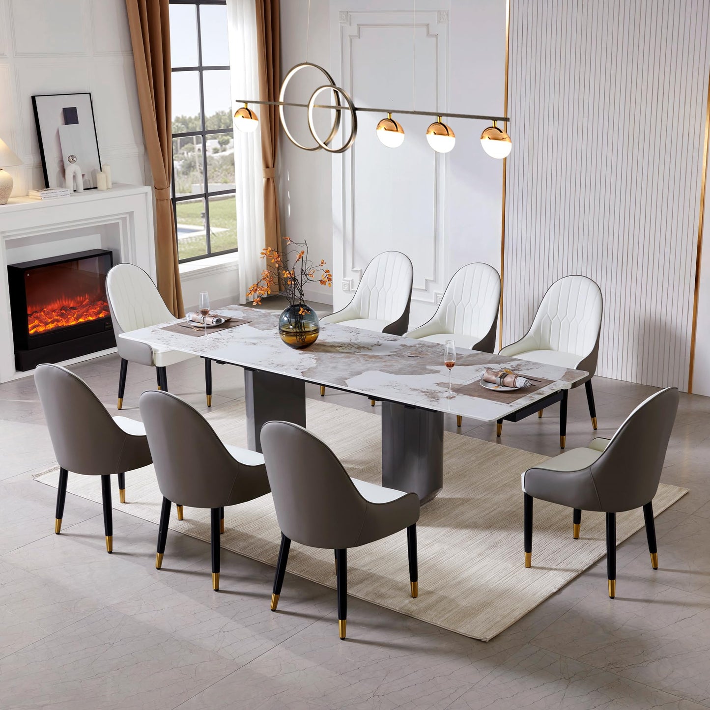 Extendable Dining Table Set for 4-10, Modern Dining Room Table with Black Carbon Steel Base, Rectangular Sintered Stone Top Dinner Table, 63''-94.4'' Folding Kitchen Table (Dining Table Only)