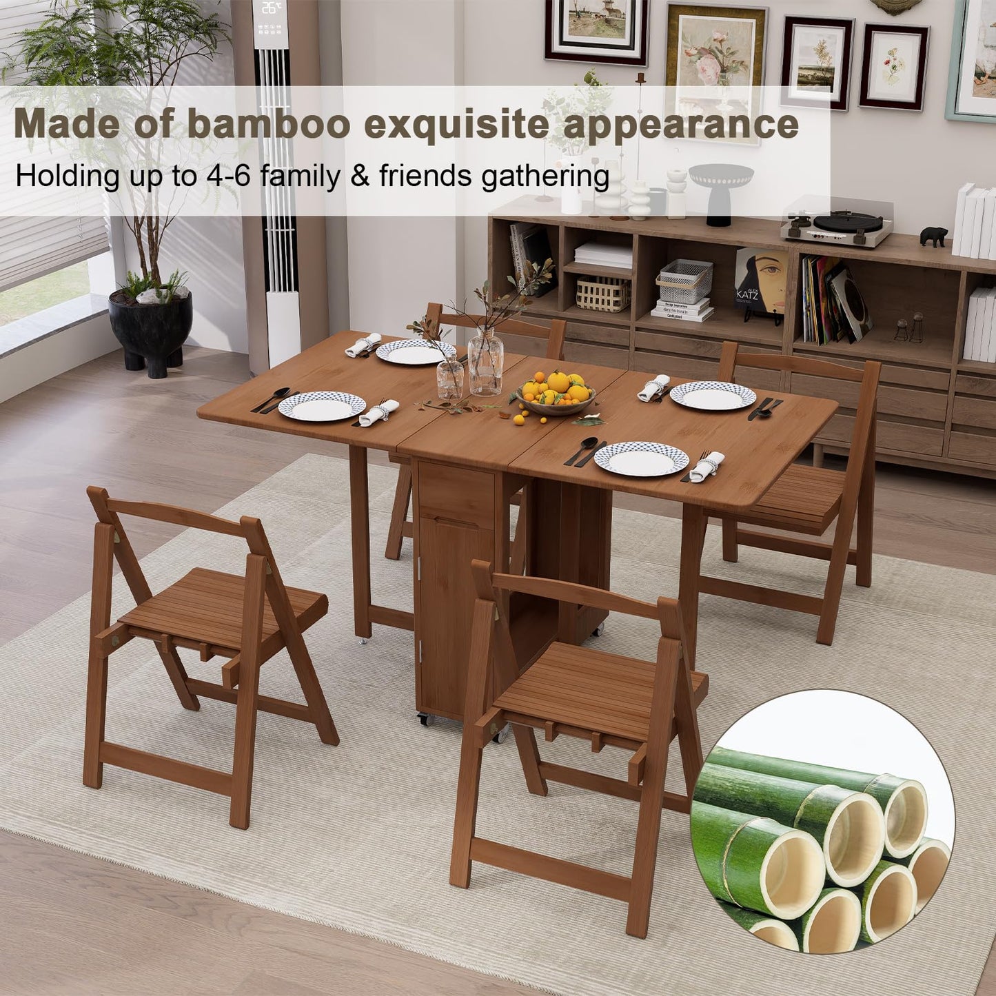 Folding Dining Table Set with 4 Chairs, Drop Leaf Foldable Table on Wheels, Collapsible Dinette Table with Hidden Chair Storage, Space Saving Folding Dinner Table Set for Small Apartments