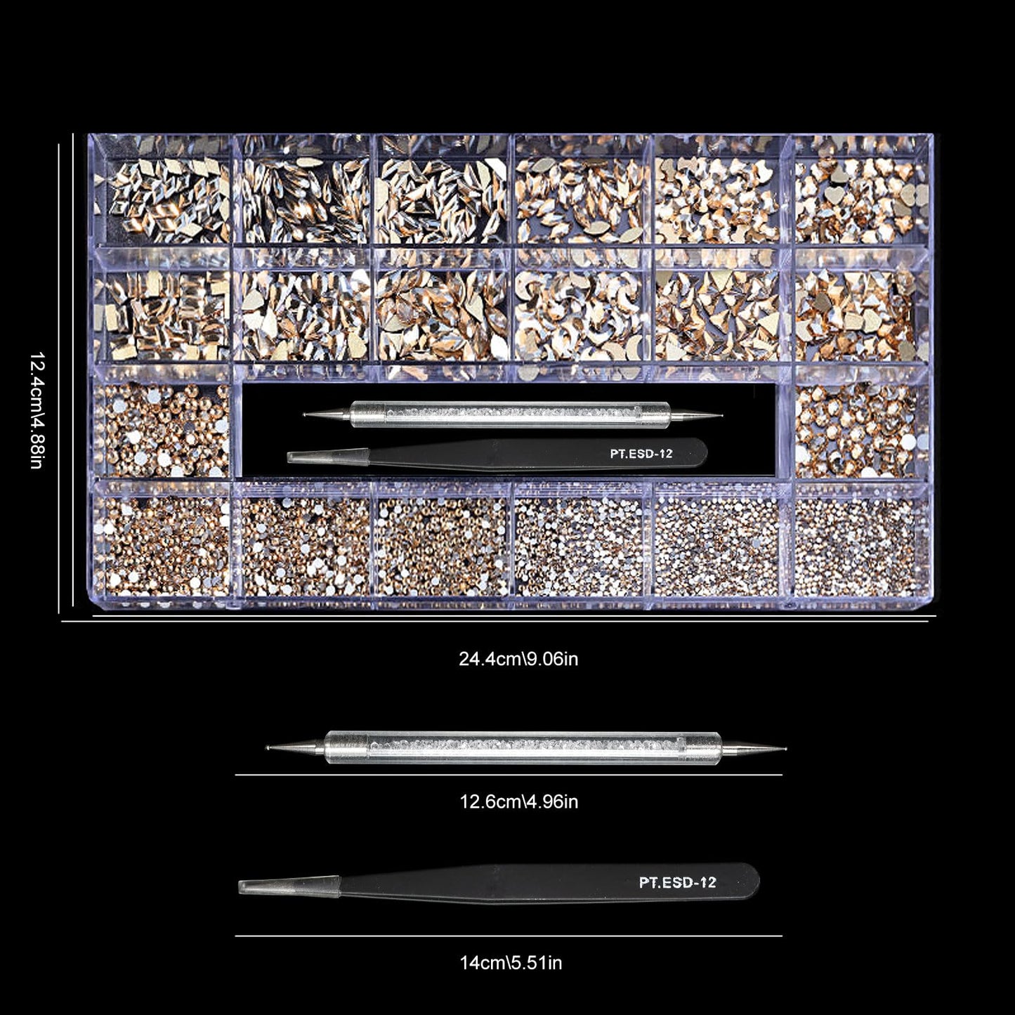 Yzzseven 12 Types of 600 Champagne Diamonds + 2500 Flat Rhinestones Mix 20 Styles Flatback DIY Crafts Rhinestone Crystals 3D Ornament‌s Flat Back Stones Set + Tweezers + Drill Pen