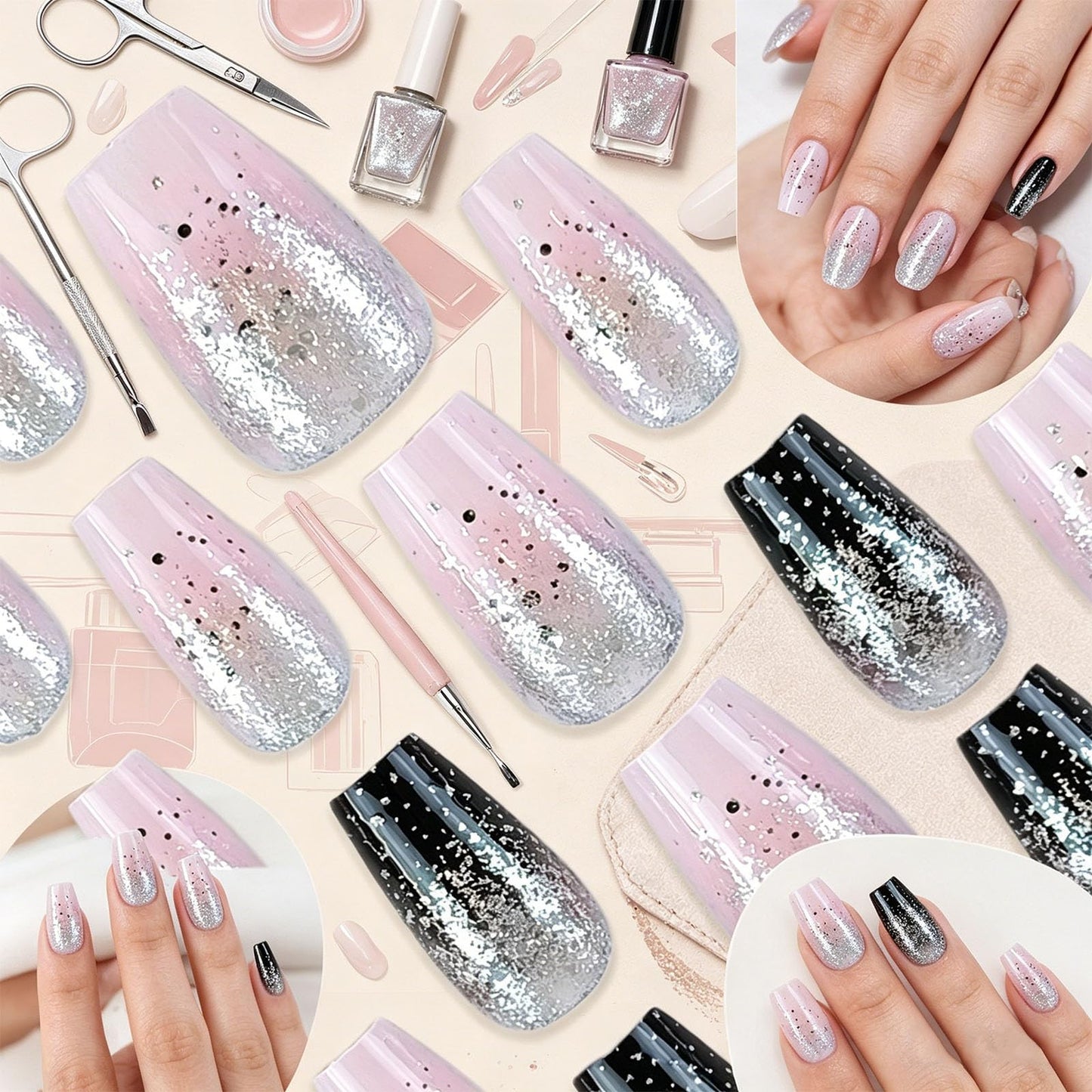 Black French Tips Press on Nails Medium Coffin Fake Nails Glossy Pink Ombre False Nail Silver Sparkle Reusable Glue on Artificial Fingernails for Women Party Style