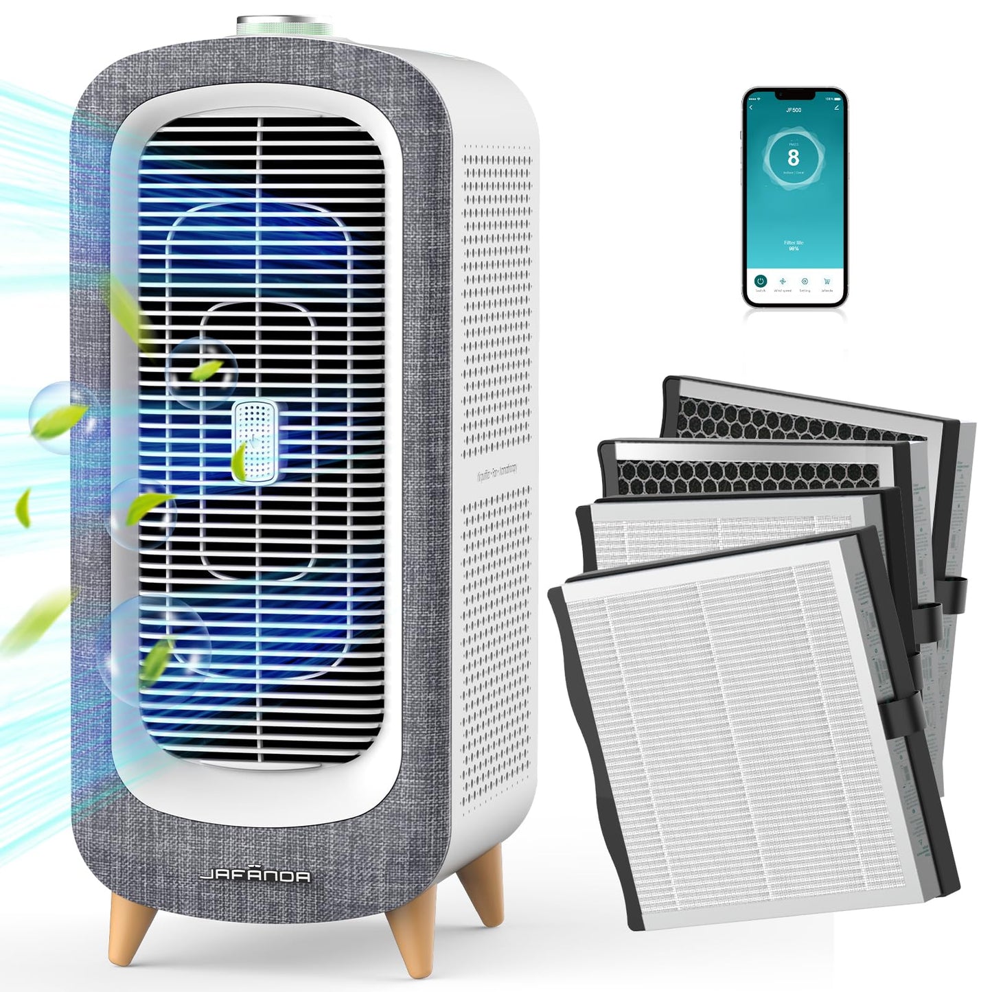 Jafända Air Purifier JF500 with 4 HEPA 13 Activated Carbon Filters Up to 2105ft², Smart Air Cleaner 22dB Sleep Mode for Home Bedroom Large Room Pets Smokers, Removes 99.97% Mold Odor Dander Allergies
