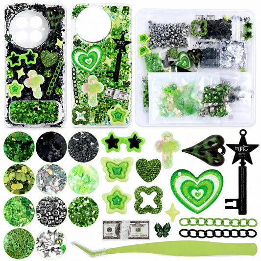 Prdingfy Green DIY Decoration Charms Kit, 3D Resin Flatback Charms with Stars, Starbursts, Flowers, Rhinestones, Moons & Bears for Phone Case Crafts & Nail Art Accessories