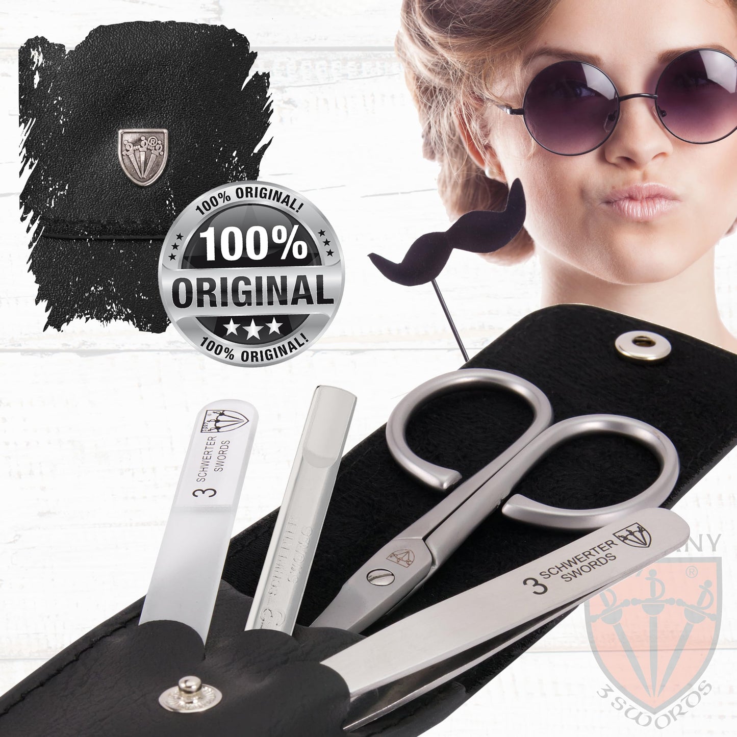 3 Swords Germany - brand quality 3 piece stainless steel INOX manicure pedicure grooming kit set for professional finger & toe nail care scissors file tweezers genuine leather case in gift box (03881)