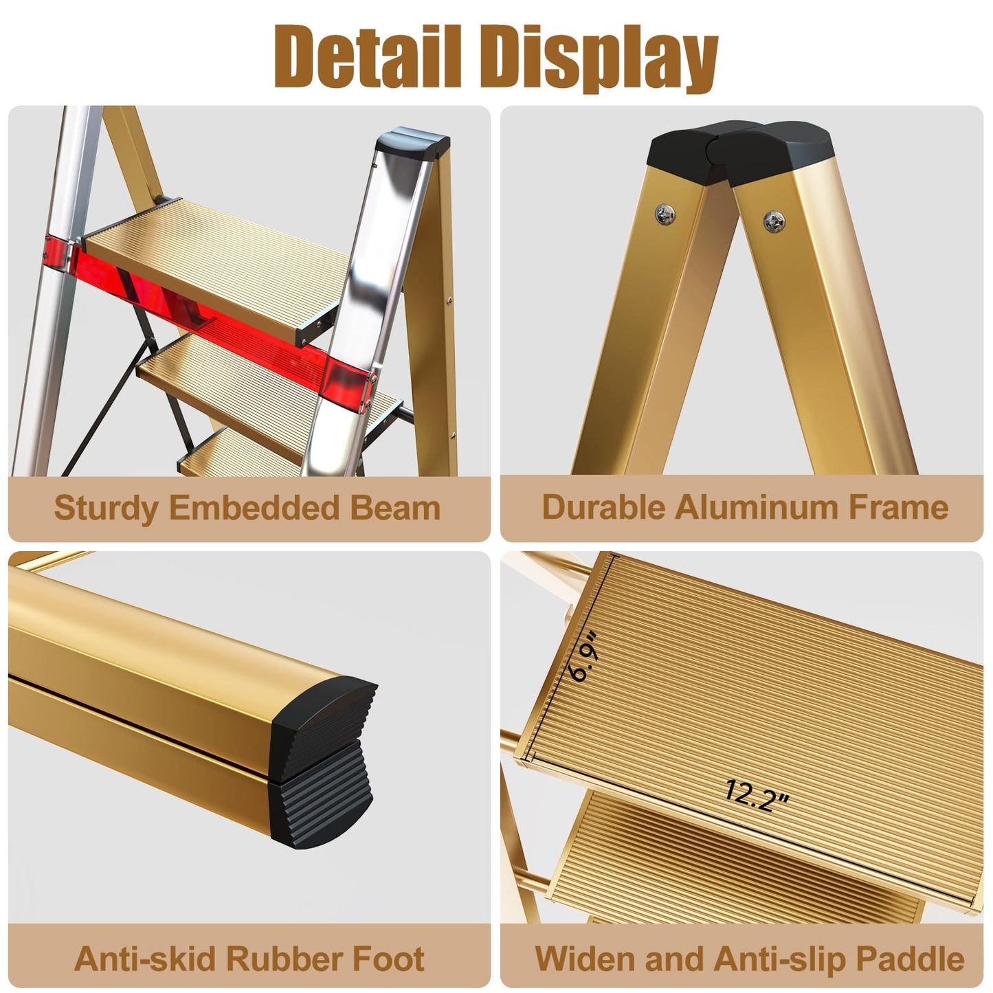 hismocal Foldable 3 Step Stool for Closet/Kitchen-Aluminium Gold Step Ladder Stools, Folding 330lbs Lightweight Ladders with Anti-Slip Wide Pedal, Portable Kids/Adults