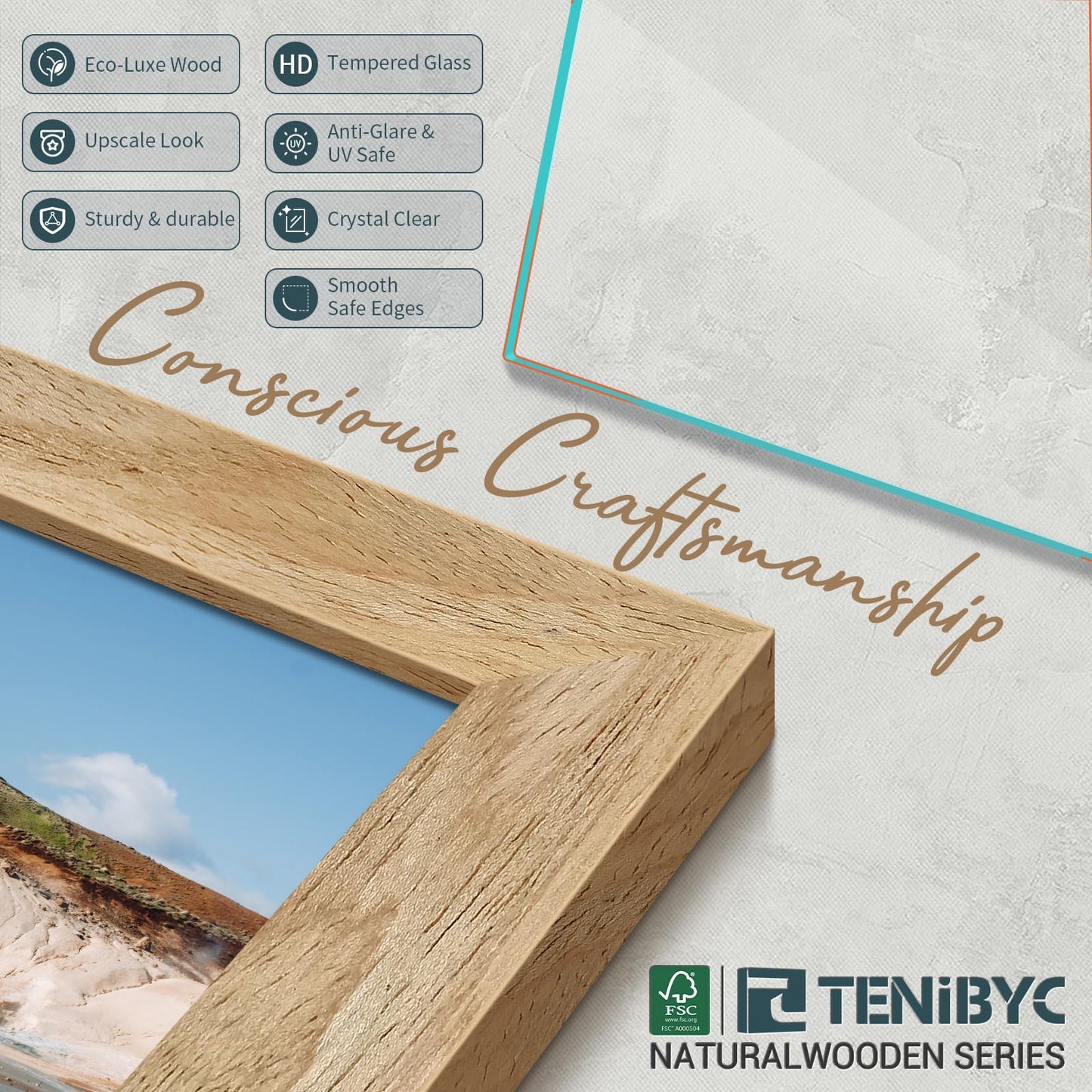 TENIBYC 12x18 Frame - 4 Pack, Natural Textured Wooden Poster Frame, HD Tempered Glass, Wall Hanging Decor for Room, Office, Gallery, Studio, and Hallway
