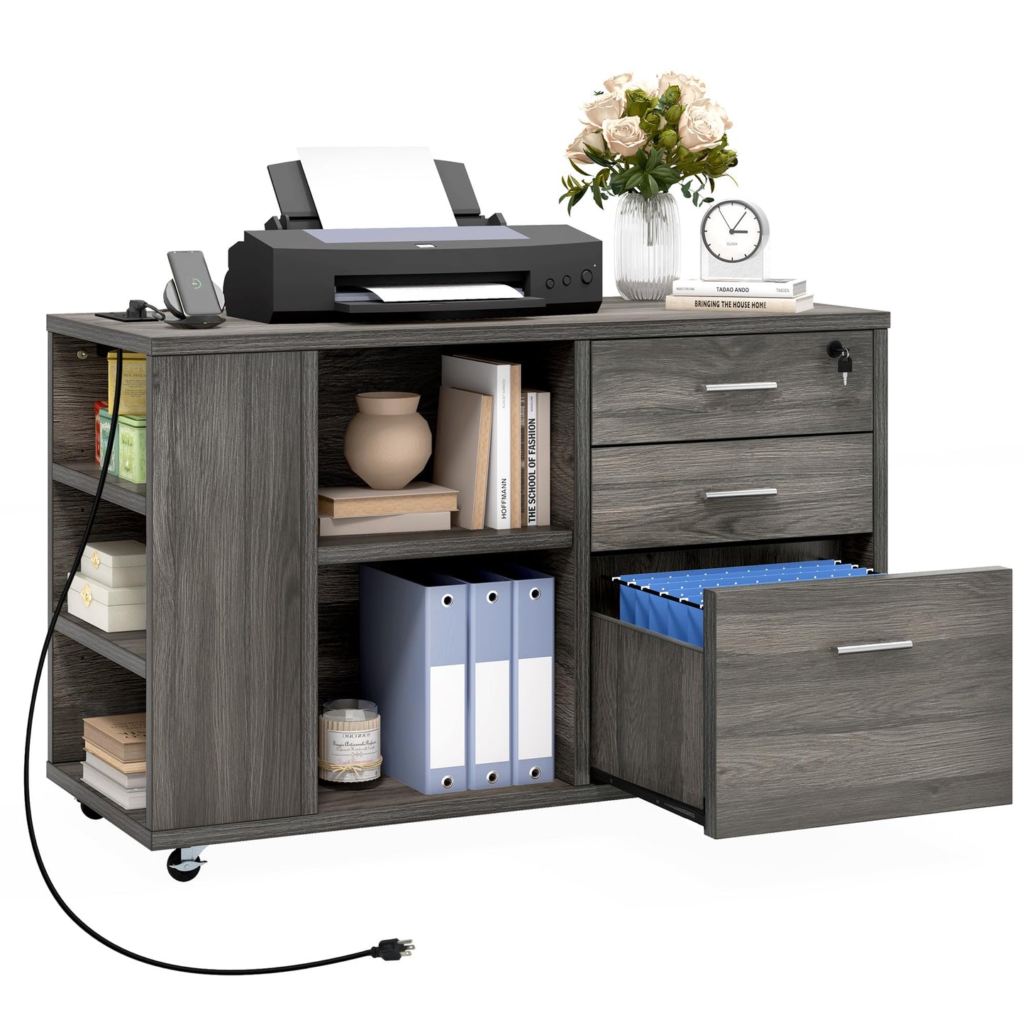 DWVO File Cabinet with Charging Station, 3 Drawer Mobile Filing Cabinet with Lock, Printer Stand with Open Storage Shelf for Home Office, Grey