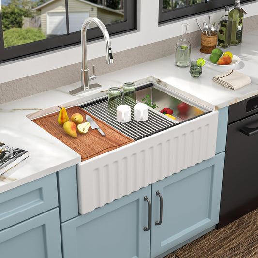 33 White Farm Sink Workstation - Fulorni 33 Inch Farmhouse Kitchen Sink Workstation Flat Apron Front White Ceramic Porcelain Fireclay Single Bowl Farmer Style Basin