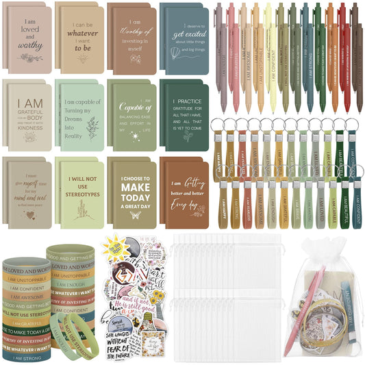 Aodaer 170 Pieces Positive Affirmation Gifts Set Motivational Quote Notebooks with Inspirational Pens Silicone Bracelets Keychains Stickers Organza Bags for School Office Party Favor Supply, Morandi