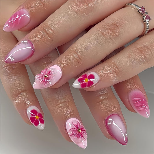 Short Press on Nails Almond Fake Nails Pink False Nails Cute Artificial Nails with 3D Red Flowers Designs Acrylic Nails Press ons Floral Stick on Nails for Women 24pcs