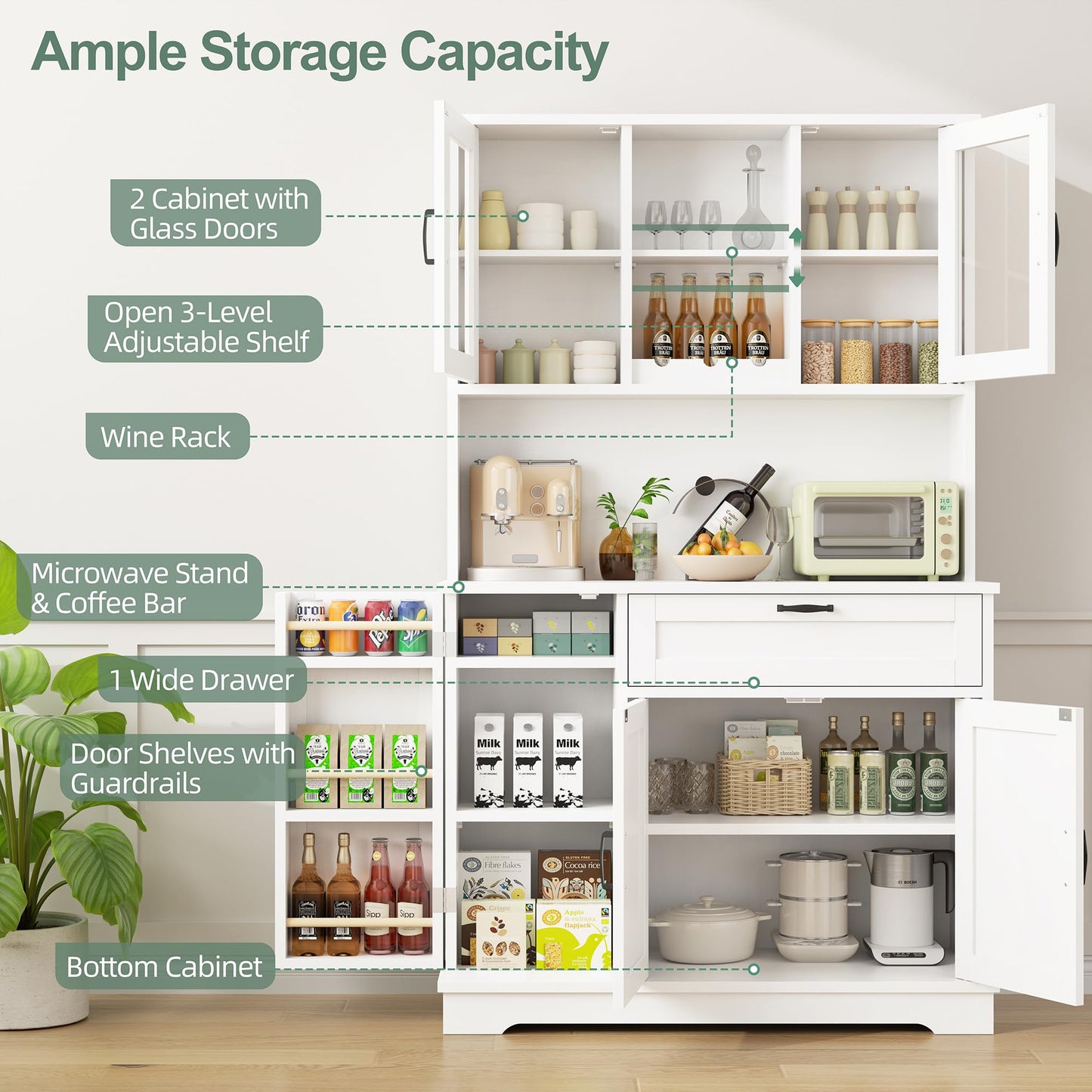 Shintenchi Kitchen Pantry Storage Cabinet, Freestanding Buffet Cabinet with Microwave Stand & 4 Door Shelves, Kitchen Hutch with Doors, Adjustable Shelves and Wine Rack, White