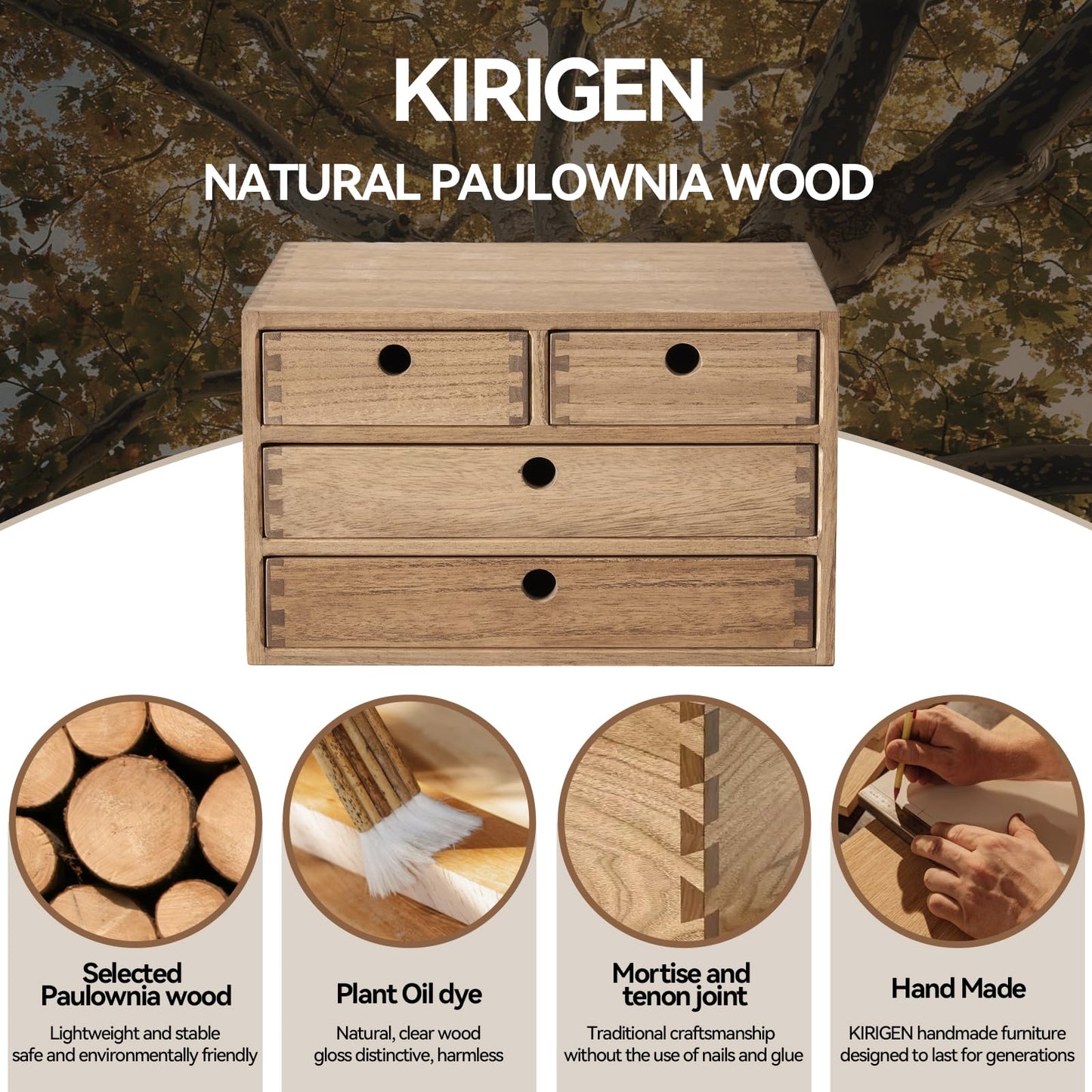 KIRIGEN Wood Desktop Storage Cabinet with 4 Drawers, 3-Tier Desk Organizer for Letter-Size Paper, Mail, Home Office Supplies, Makeup, Crafts, Desk or Countertop, Fully Assembled, Brown WJG34-DBR