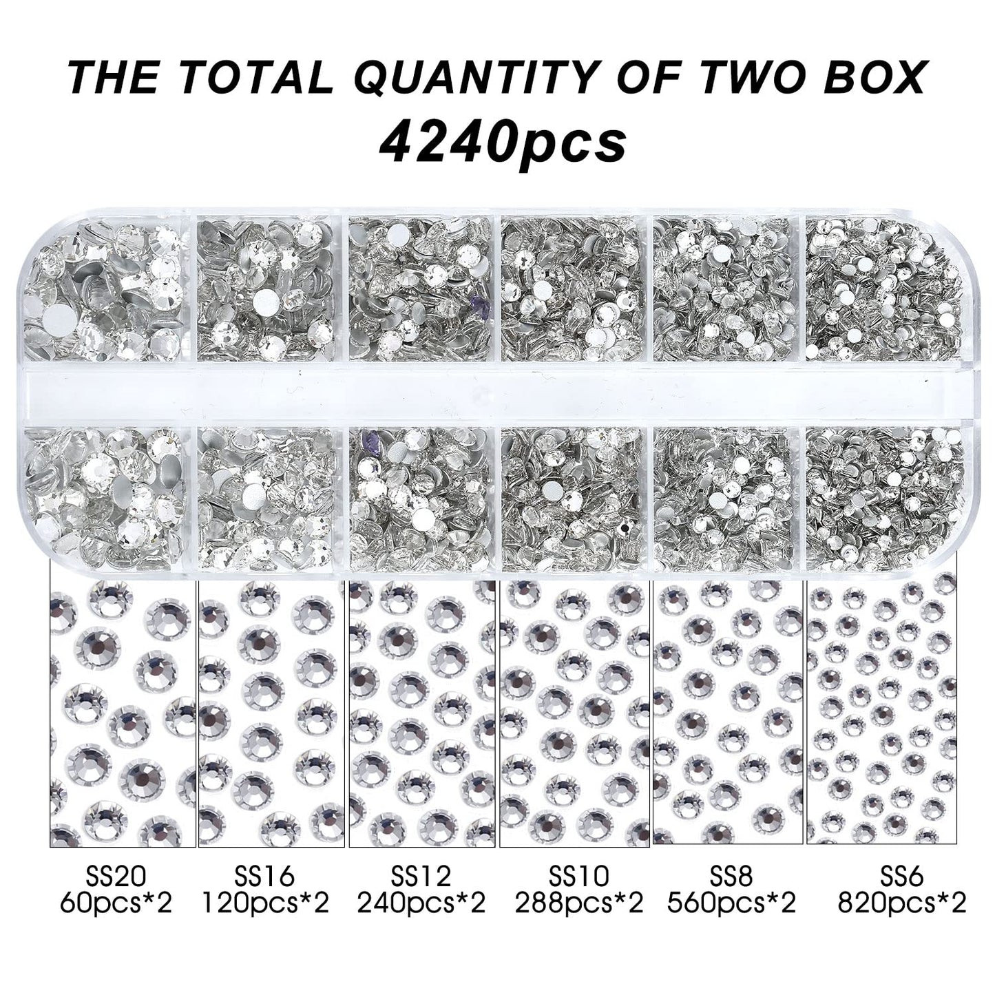 Meibite White Glass Flatback Rhinestones for Nails, Crafts & Clothes – 4240PCS 6 Sizes (SS6–SS20) Crystal Gems Kit with Tweezers & Picker, Non Hotfix DIY Rhinestones for Tumblers, Shoes, Nail Art