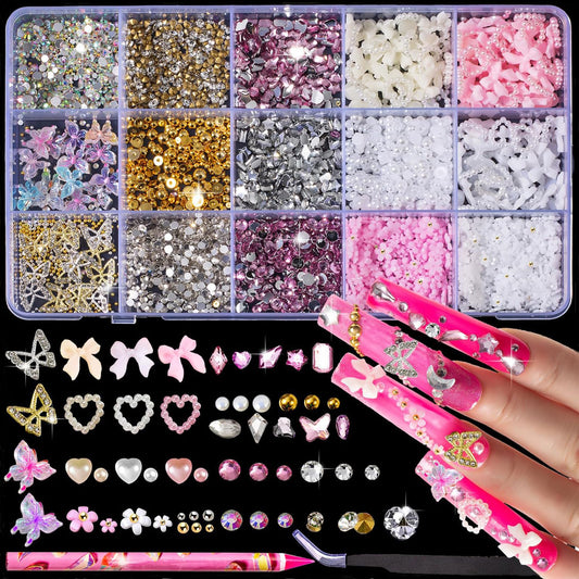 15 Grids Nail Art Decorations Set - 3D Bow Heart Butterfly Flower Charms, Glitter Sequins, Rhinestones & Pearls, Pink White Gold Nail Jewelry Kit for Acrylic Nails, DIY Manicure Accessories for Women