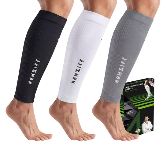 NEWZILL Calf Compression Sleeve for Men & Women | Footless Compression Socks for Shin Splint Relief, Varicose Veins | Leg Sleeve for Running, Travel, Nursing, Fitness (Black/White/Grey 3Pairs S/M)
