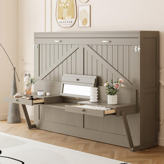 Ball & Cast Murphy Bed Queen W/Built-in Vanity Desk,Murphy Frame Cabinet W/ 2 Side Drawers,Wood Hide Away Wall Bed W/Center Mirror,for Bedroom,Home Office,Home Gym,Distressed Gray