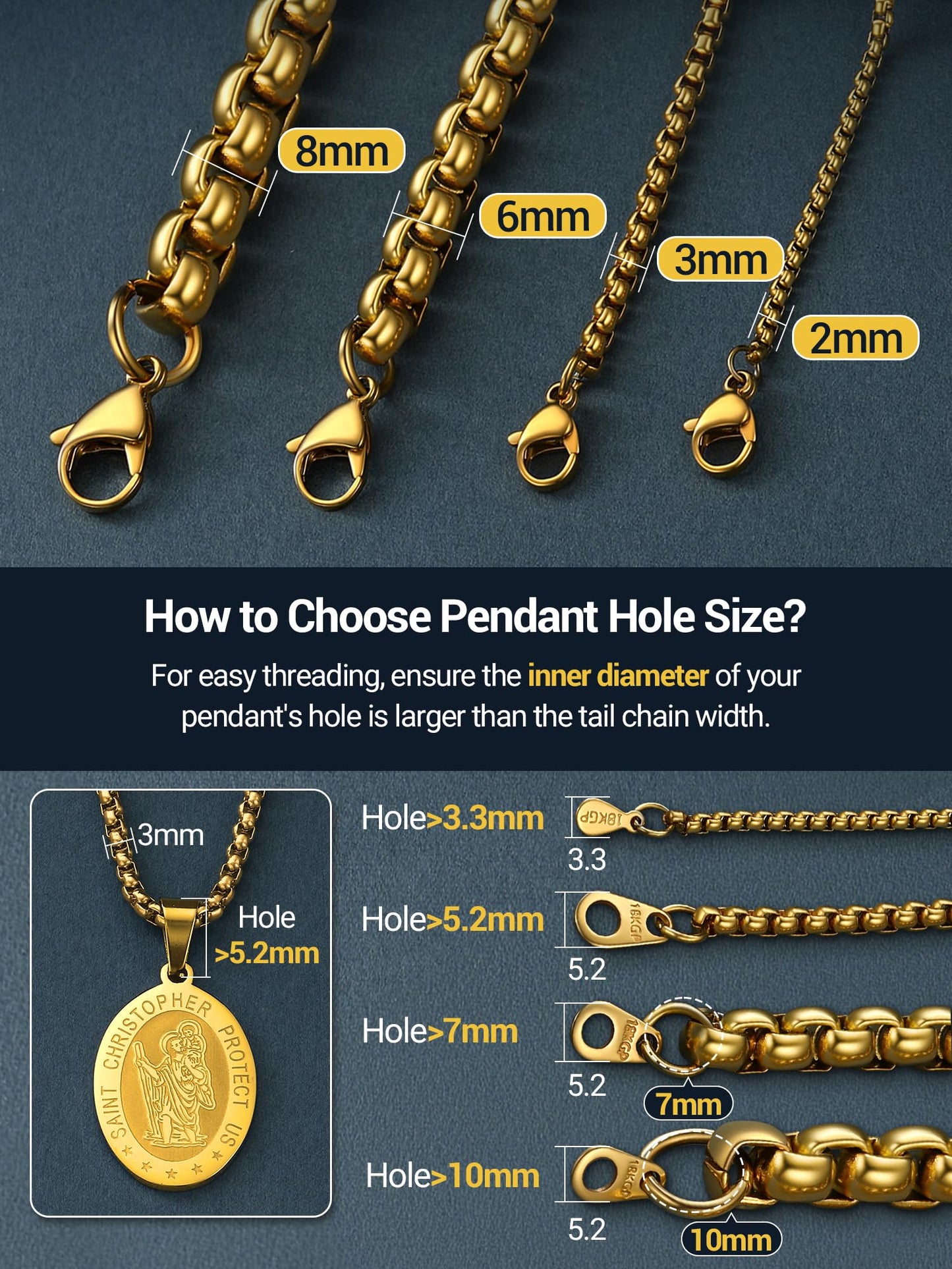 PROSTEEL Mens Chain Necklace, Squre Rolo Cable Chains 2mm Thin 18K Gold Necklace Waterproof & Non Tarnish Men and Women Jewelry with Gift Box 20in