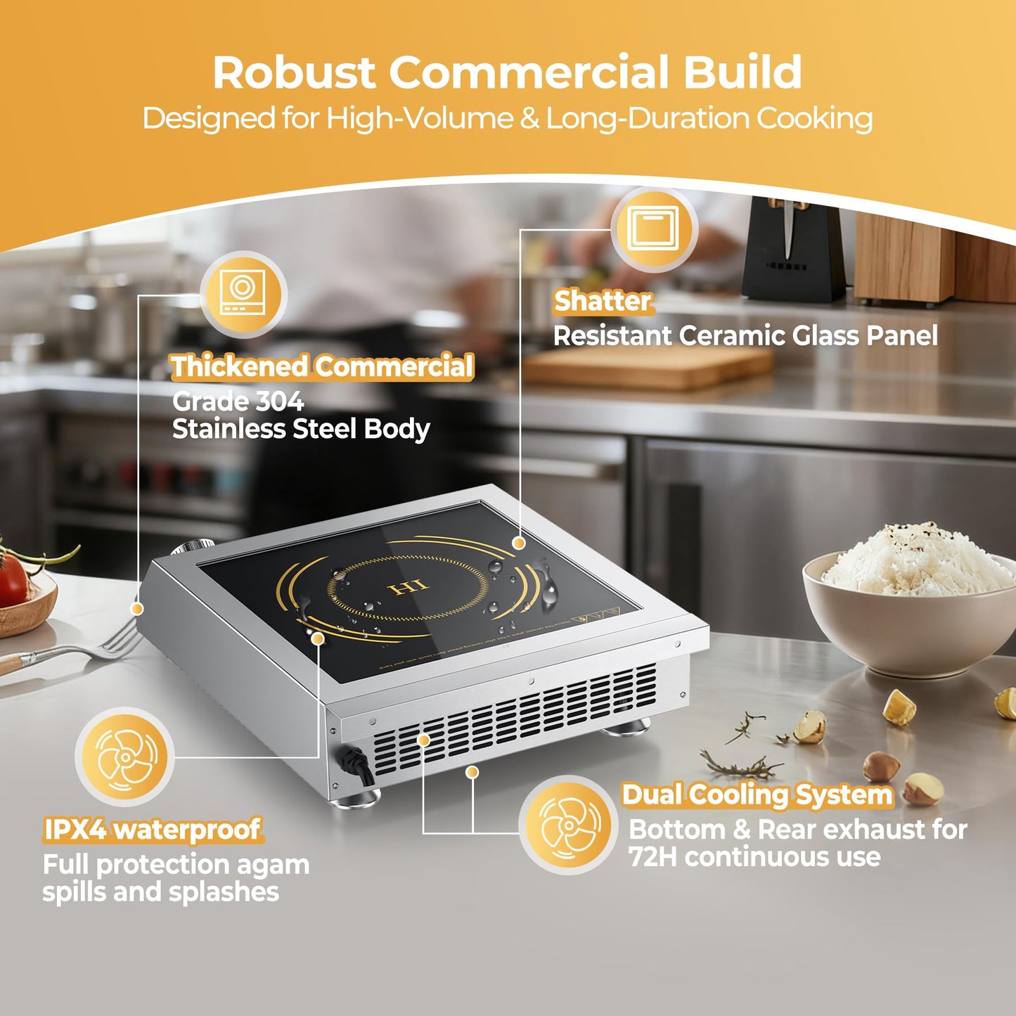 VESTIVIUM Commercial Induction Cooktop 3500W/220V, Professional Portable Countertop Burner, 9 Power/Temp Levels Dual Cooling Fans IPX4 Waterproof 72H Continuous Use, Overheat Protection
