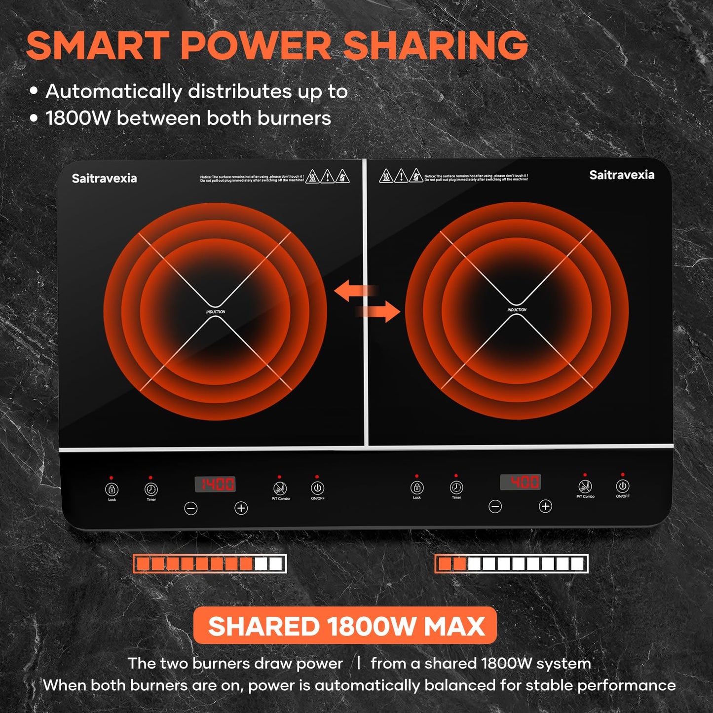 Saitravexia 24 Inch Double Induction Cooktop, Touch Control Electric Cooktop with Dual Burners, Shared 1800W Power, Low-Power Continuous Heating, Countertop Use