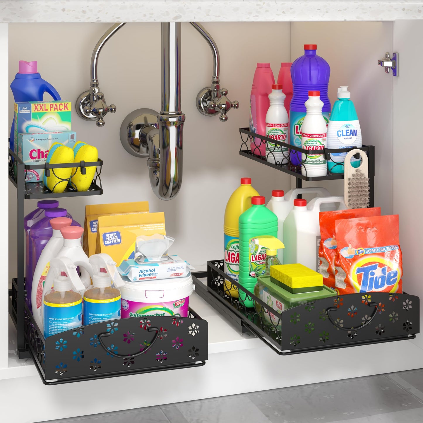 2 Pack Under Sink Organizer, Under Bathroom Cabinet Organizer with Hooks Hanging Cup, Multi-Purpose Storage Shelf for Kitchen Bathroom, Black