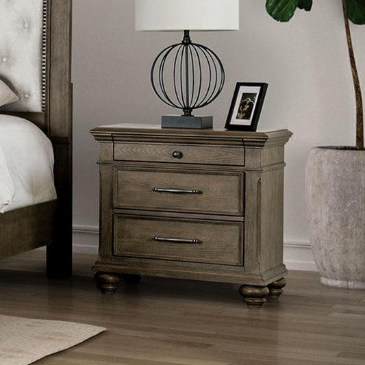 Furniture of America Tavric Solid Wood Brown Nightstand with 3 Drawers and Bun Feet, Large Bedside Table, Wooden Night Stand for Bedroom, Guest Room, Dorm, Aged Oak