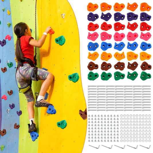 Meooeck 40 Pcs Rock Climbing Holds Set for Kids with Mounting Screws and 2 Wrenches, Mix Colored Climbing Rocks DIY Wall Grip Kits for Outdoor Indoor Playground Backyard Play Set