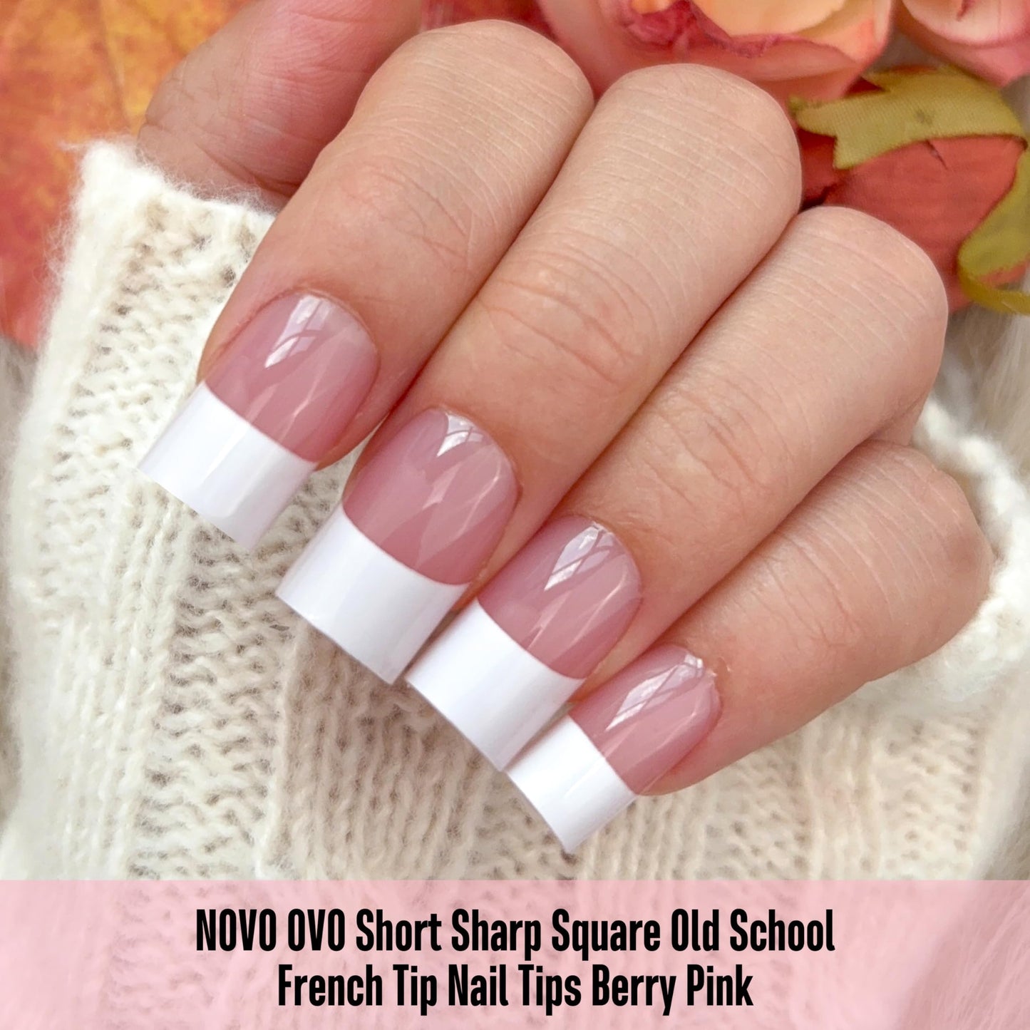 NOVO OVO Old School Wide White French Short Sharp Square Tip Nail Tips Press on BERRY PINK, Need Builder Gel Top Coat Nail Glue, Soft Gel Full Cover Fake Nail Extension, for DIY x 15 Sizes 240 pcs