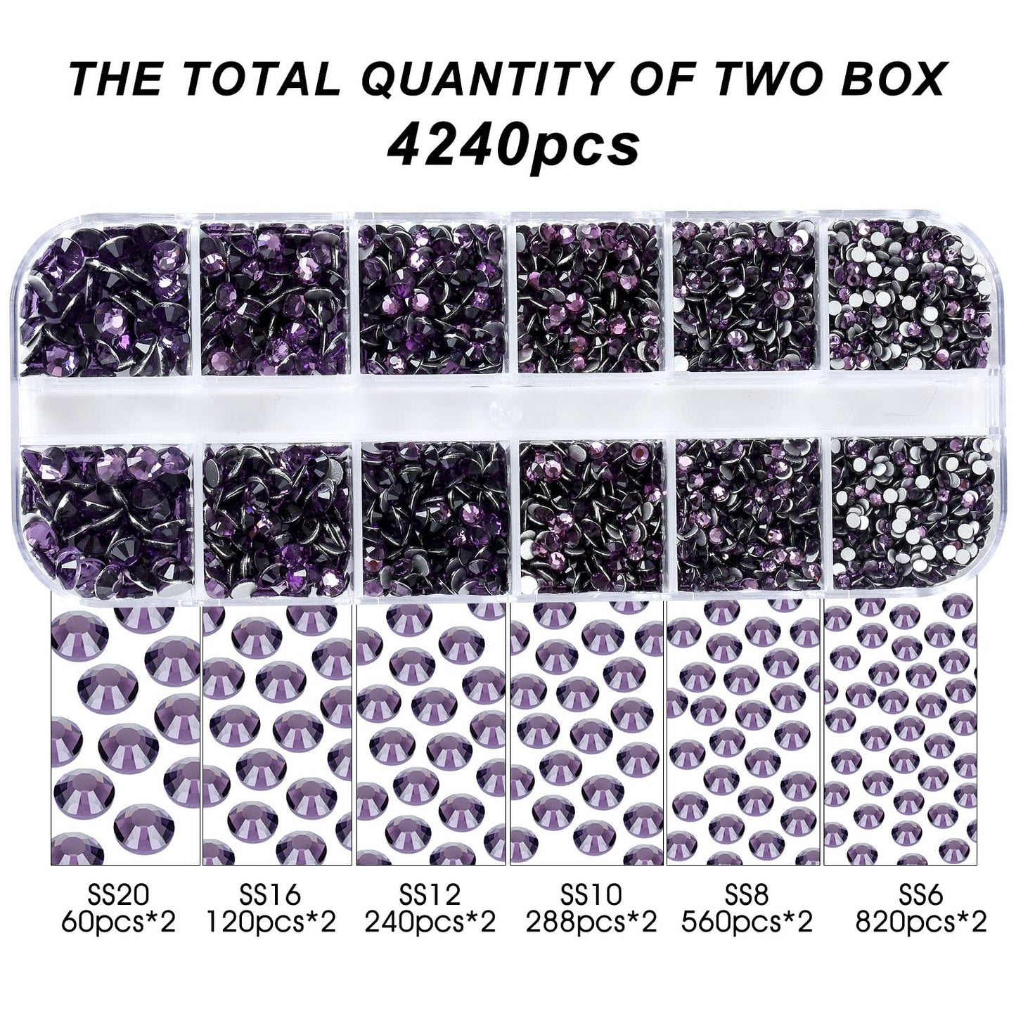 Meibite Purple Glass Flatback Rhinestones for Nails, Crafts & Clothes – 4240PCS 6 Sizes (SS6–SS20) Crystal Gems Kit with Tweezers & Picker, Non Hotfix DIY Rhinestones for Tumblers, Shoes, Nail Art