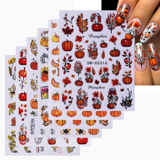 Fall Nail Stickers Pumpkin Maple Leaves Nail Art Stickers 3D Self Adhesive Orange Yellow Leaf Nail Art Supplies Autumn Nail Design Flower Nail Decals for Women 6 Sheets