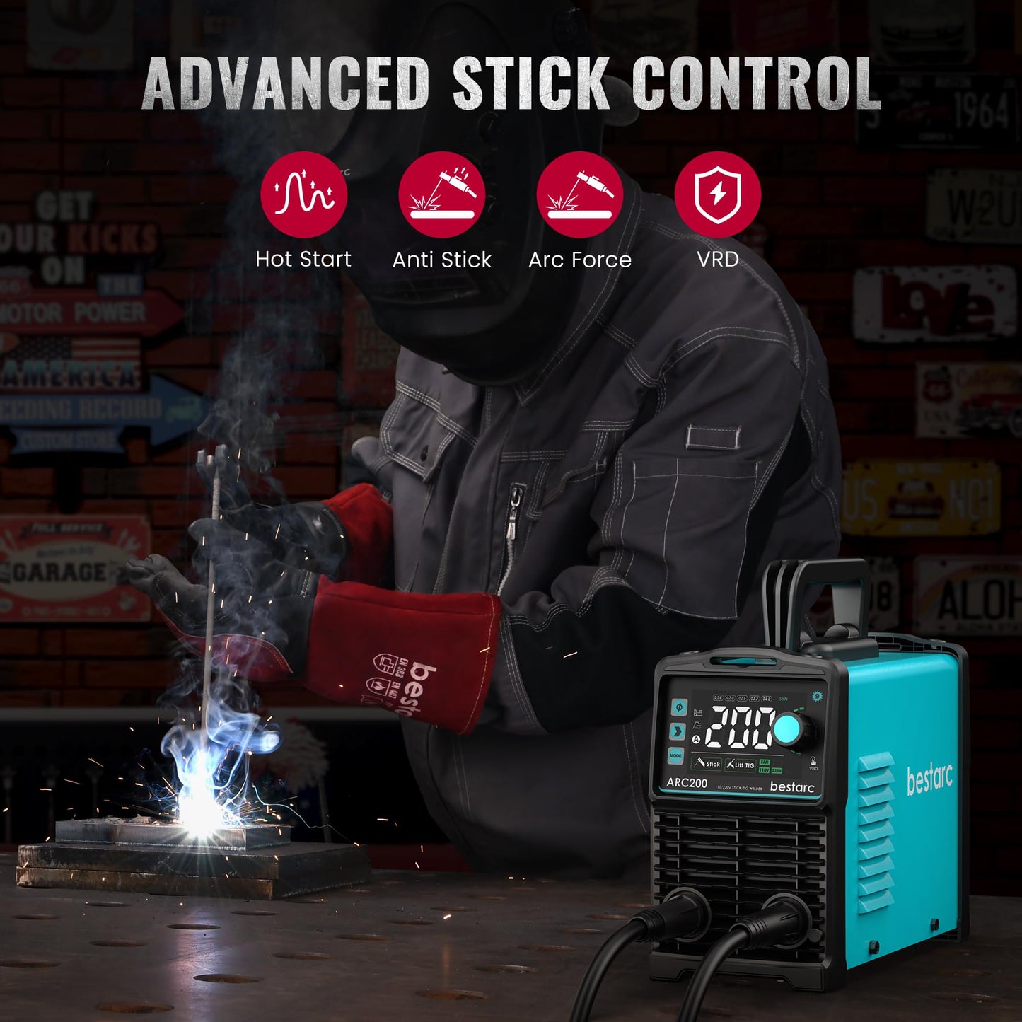 bestarc Stick Welder, 200Amps Large LED Display ARC/Lift TIG Welding Machine, 110V/220V Dual Voltage, IGBT Inverter Synergic Control Portable MMA Welder Machine with Hot Start, Arc Force and VRD