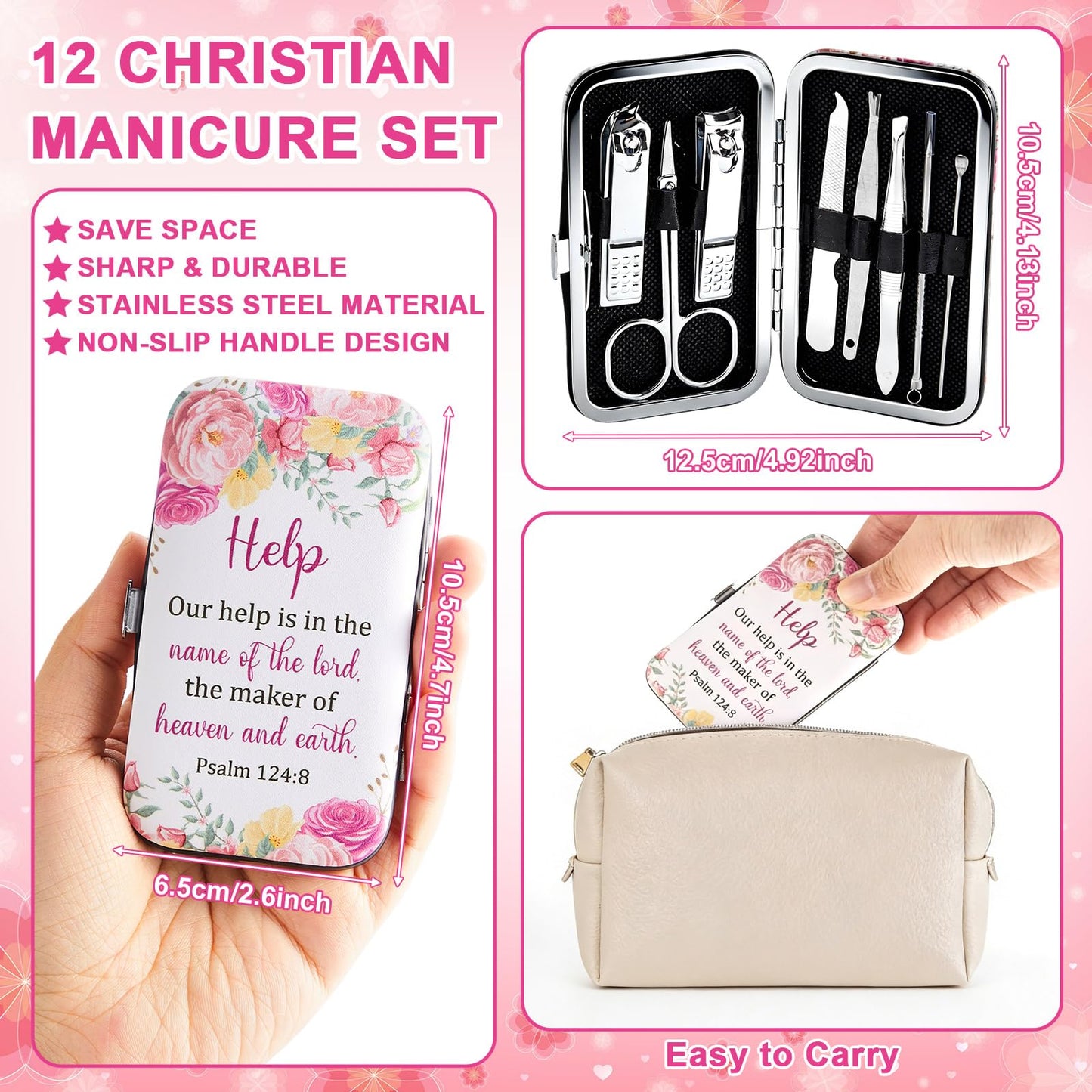 12 Sets Christian Gifts Bulk for Women Religious Nail Clipper Gifts Bible Verse Manicure Kit 8 in 1 Bible Manicure Sets Floral Scripture Stainless Nail Gift for Staff Women Wedding Party Supplies