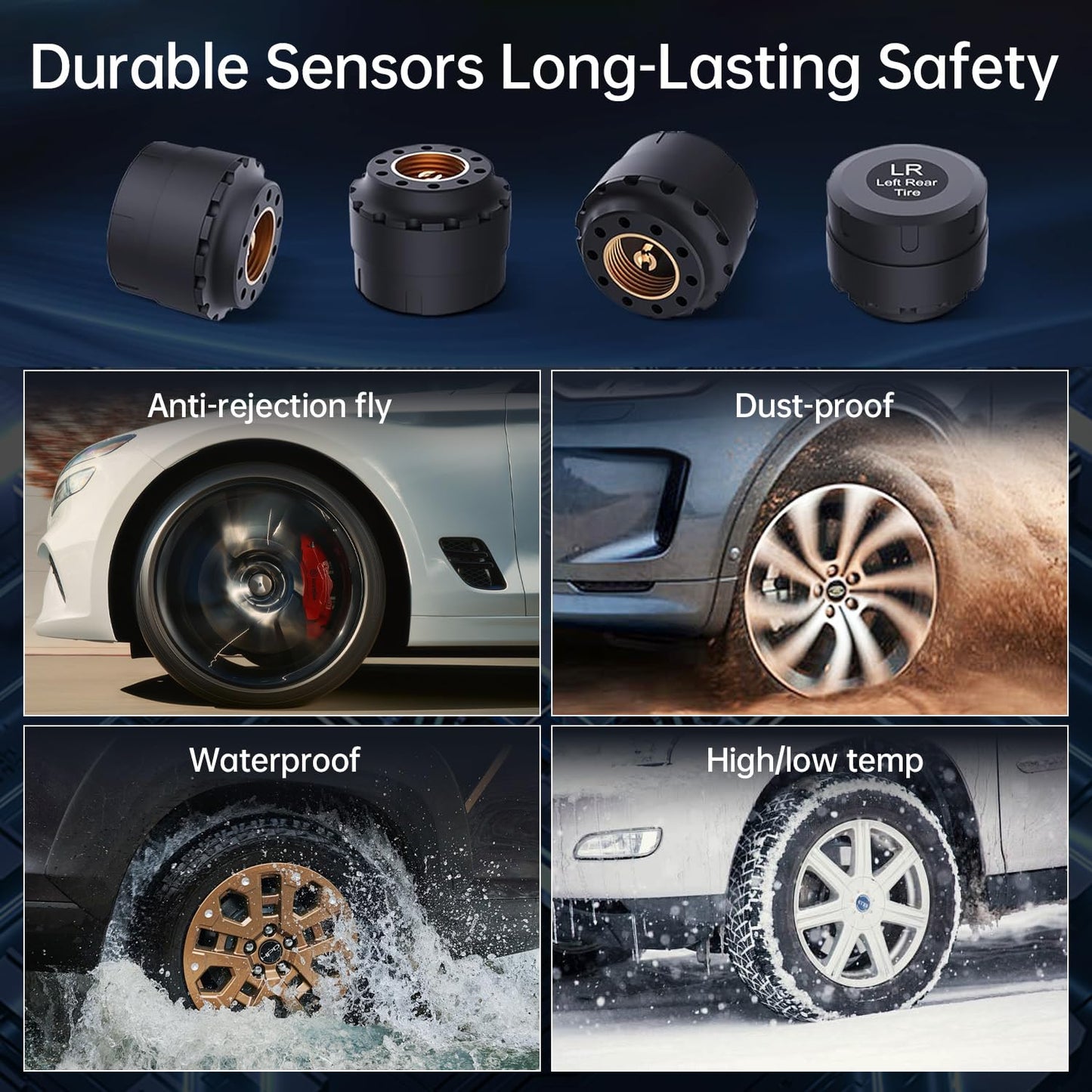 slrongpowlr Real-time TPMS Trailer Tire Pressure Monitoring System, Wireless TPMS Sensors Set of 4 External Tire Pressure Sensors with Alarm Modes for RV SUV MPV Truck Sedan (0-87 PSI)