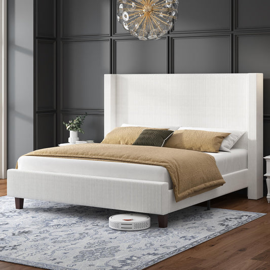 HOWE California King Size Bed Frame with 50.8" Tall Wingback Headboard, Modern Corduroy Upholstered Platform Bed Frame with Solid Wood Slats & Legs, No Box Spring Needed, Noise-Reducing Design, White