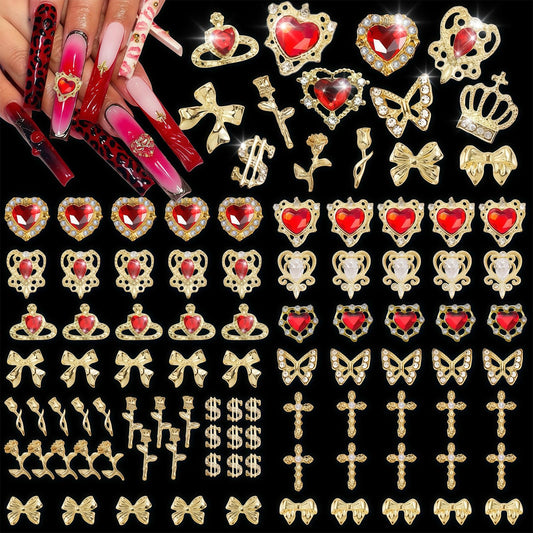 Pizadix 120 Pcs Gold Nail Charms Bulk with Hearts, Bows, Butterflies, Crosses, Roses for Nail Art Decoration Women