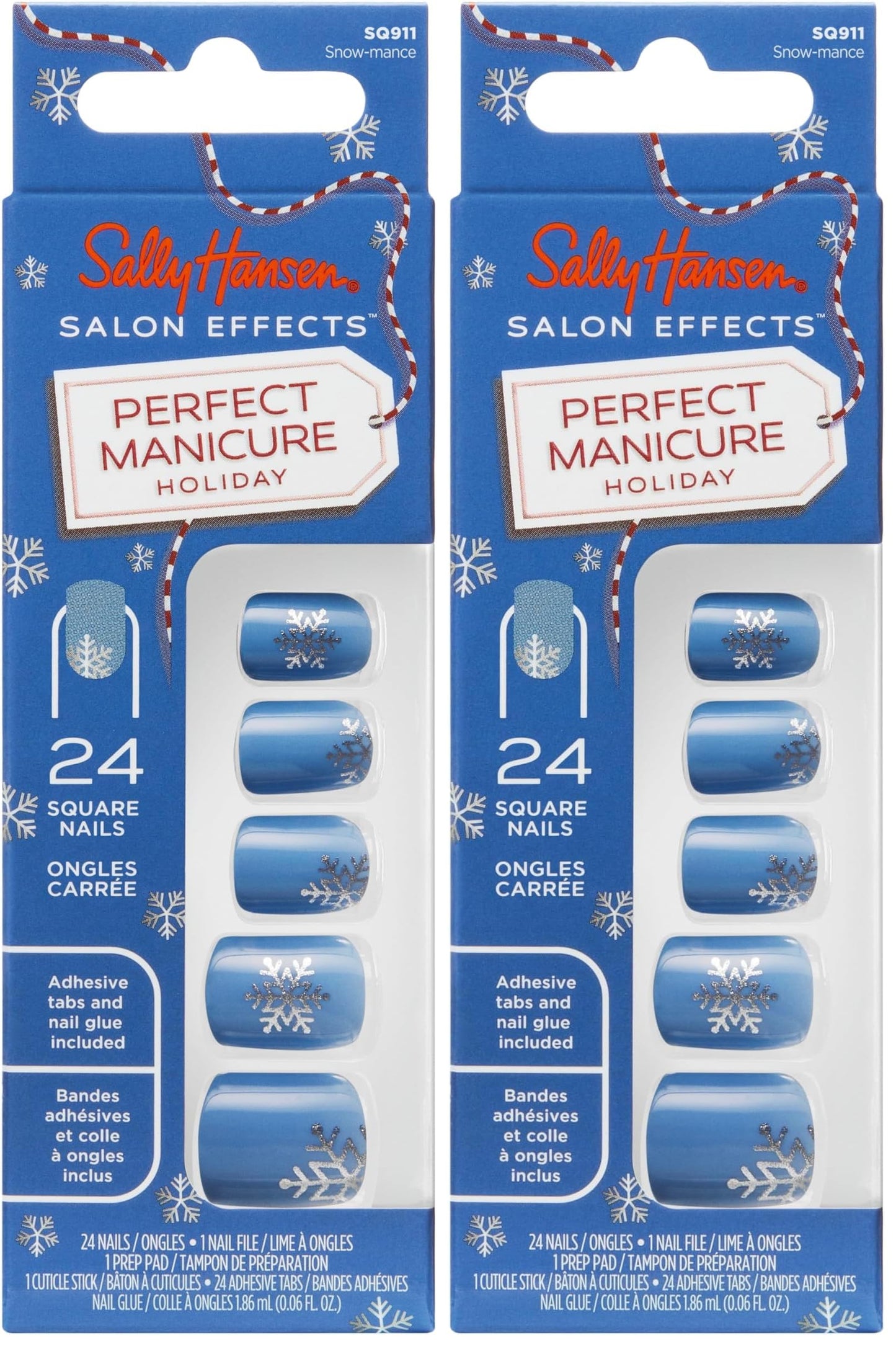 Sally Hansen Salon Effects Perfect Manicure Press-On Nails | Easy to Apply, Non-Damaging | 24 Nails, Adhesive Tabs, File & Alcohol Pad Included | Holiday - Snow-mance (Pack of 2)