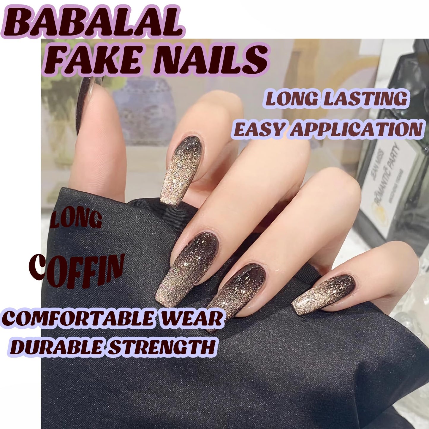 BABALAL Coffin Press on Nails Long Fake Nails Black Glue on Nails Cat Eye Acrylic Nails 24Pcs Ballerina Shiny Manicure Artificial False Nails for Women and Girls