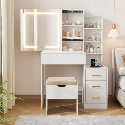 IDEALHOUSE Vanity Desk with Mirror and Lights, Vanity Table and Chair Set with 4 Drawers and Charging Station, Dresser LED Sliding Mirror with 3 Color Modes Adjustable Storage Shelves, White