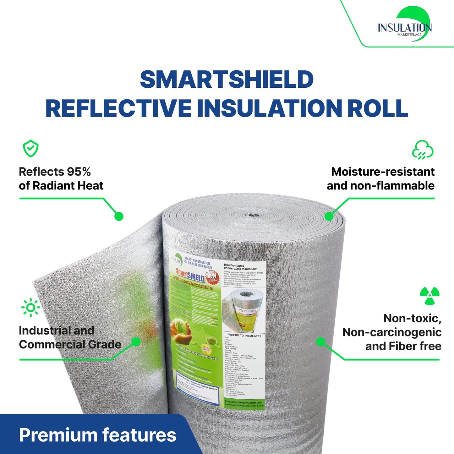 SmartSHIELD -5mm 36" x50ft R17 Reflective Insulation Roll, Foam Core Radiant Barrier, Thermal Foil Insulation - FOIL / FOIL