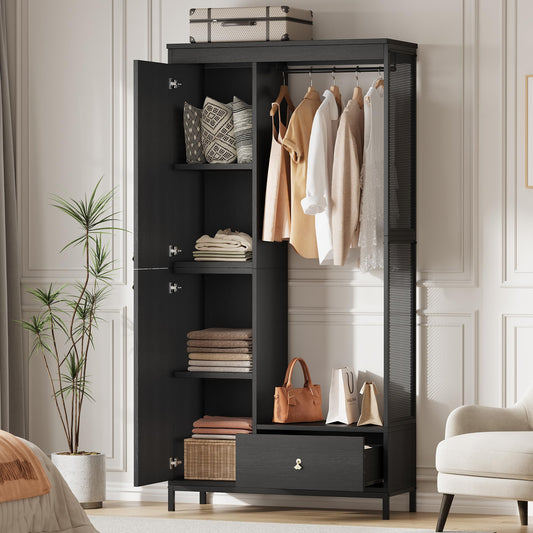 78.9" Armoire Wardrobe Closet with Shelves and Hanging Rod, Large Fixed Compartment for Bedding & Luggage, Open Design of the Hanging Area, Metal Frame Wardrobe Cabinet for Bedroom (1 Drawer, Black)