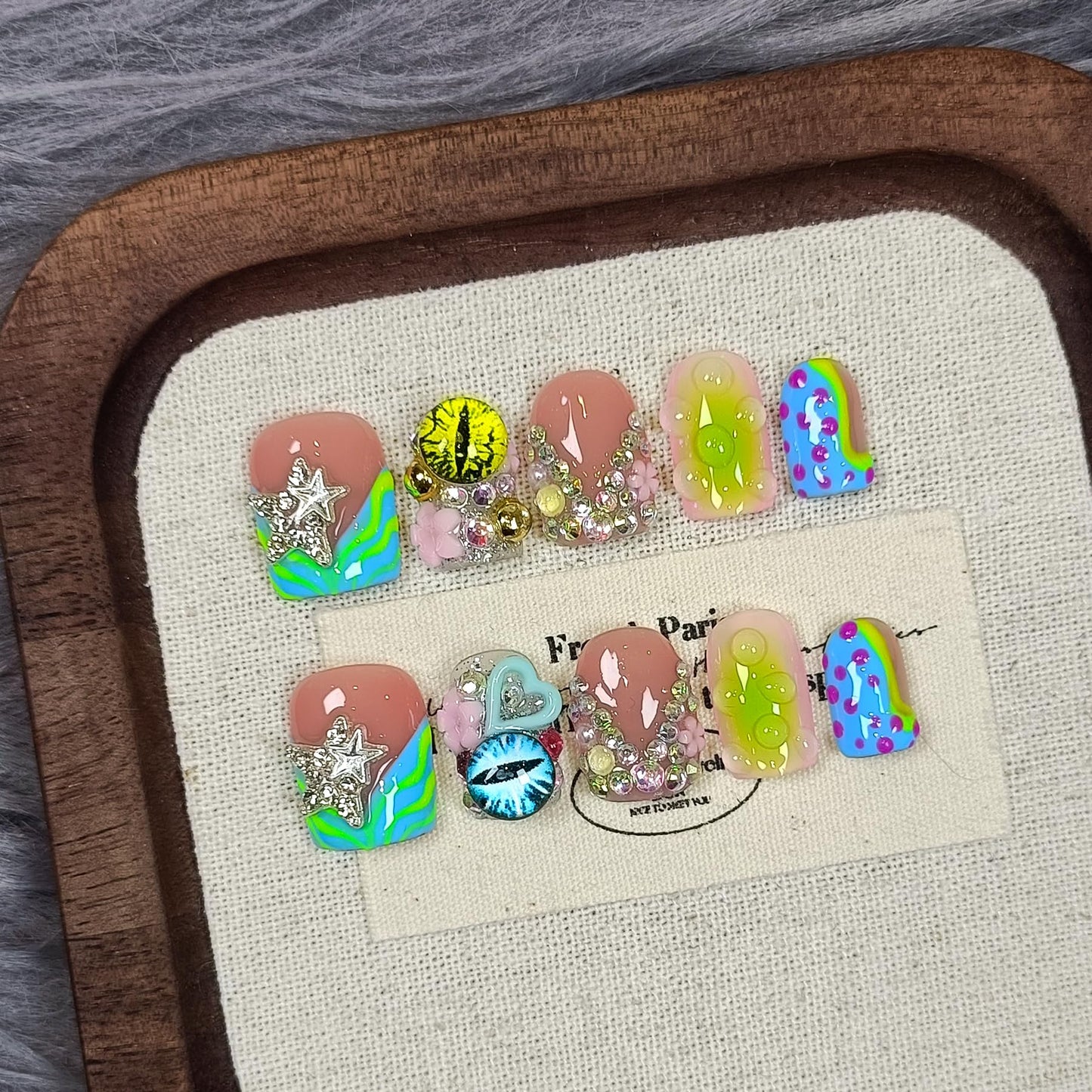TENPAL V-Shape French Tips Square Nails,Acrylic Press on Nails with 10pcs Kit,Sweet Edgy Y2K Hand-Painted Art False Nails,Neon Yellow-Green Fake Nails with 3D Stars, Hearts, Rhinestones Flowers(M)