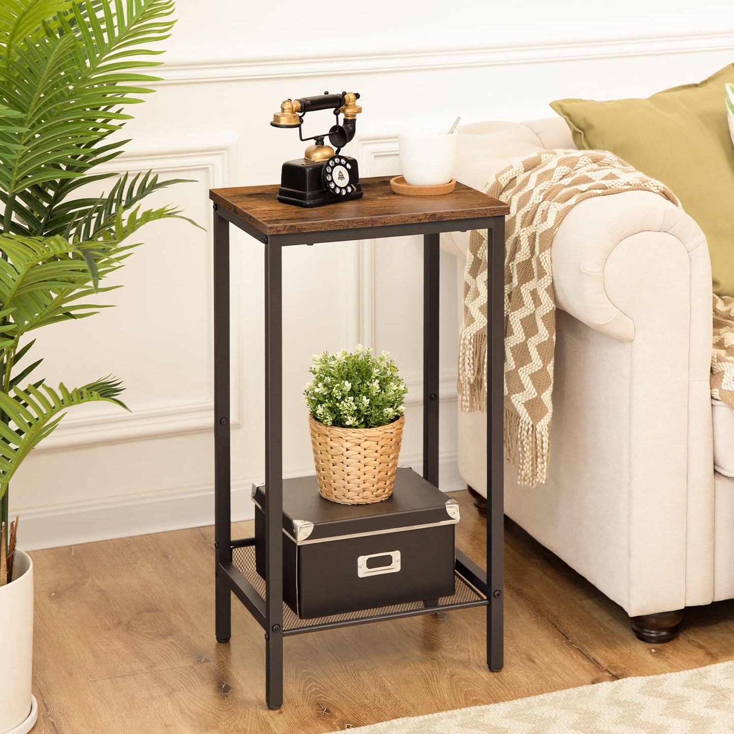 HOOBRO Tall Side Table, Industrial End Telephone Table with Adjustable Mesh Shelves, Small Tall Nightstand for Living Room, Bedroom, Entryway, Office, Rustic Brown and Black BF03DH01