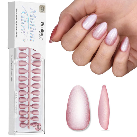 Beetles Motion Glow Nail Tips, 160PCS, 16 Sizes Short Almond Nail Tips, Cat Eye Magnet Full Cover Soft Nail Gel Fake Nails, Salon-Gel Look for DIY Manicure Blossom Glow