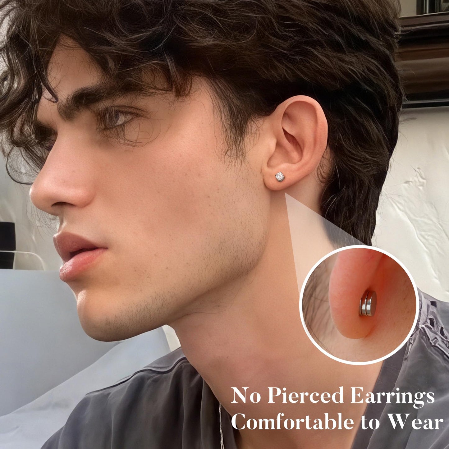 GEMQUEEN Moissanite Magnetic Earrings for Men Women : 18K White Gold Plated Hypoallergenic Stainless Steel Non Piercing Clip on Fake Earrings Studs Dainty 4 Prong Moissanite Earring D Color VVS1 5MM