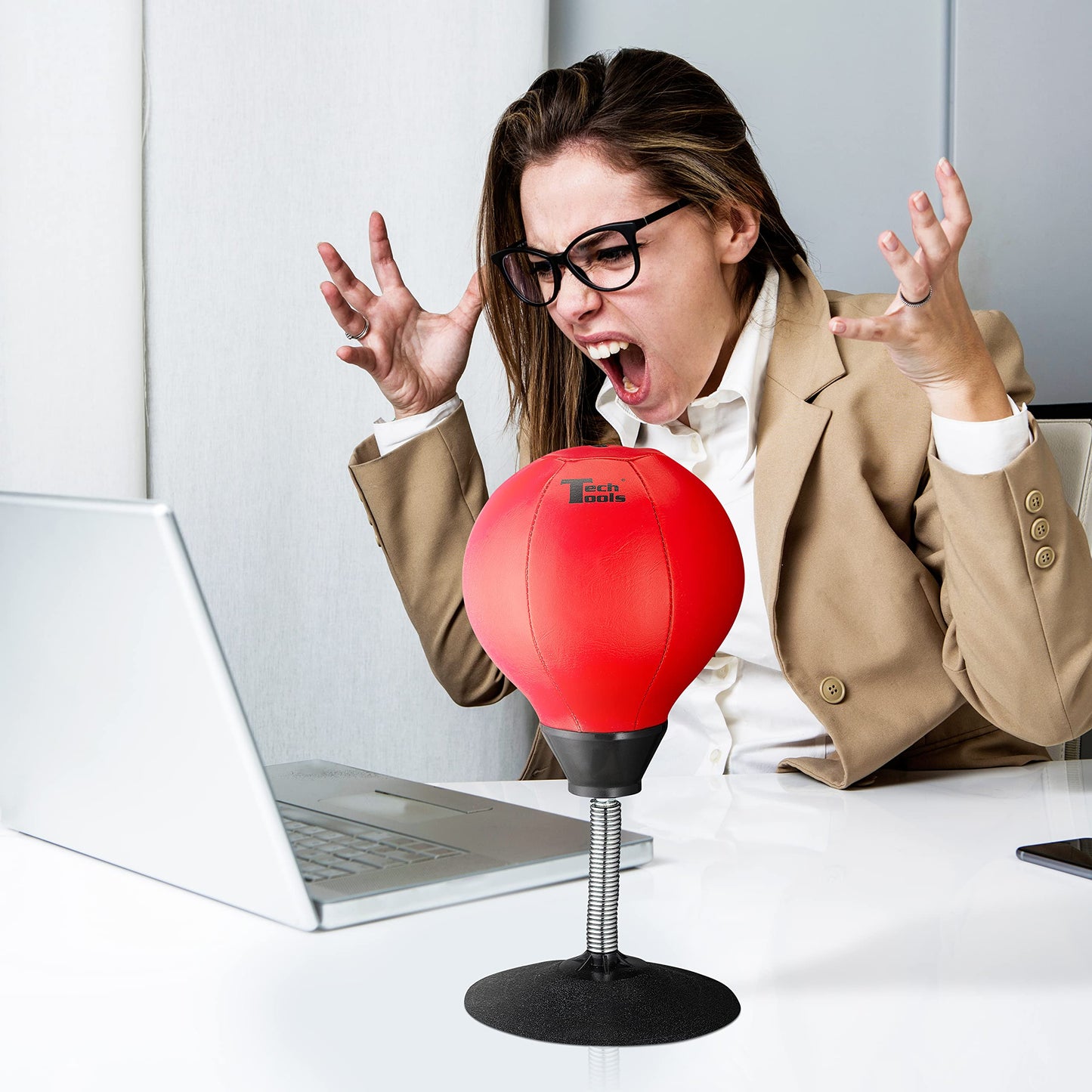 Tech Tools Stress Buster Desktop Punching Bag - Suctions to Your Desk, Heavy Duty Stress Relief Ball, Funny Office Gifts for Boss or Coworker Men and Women