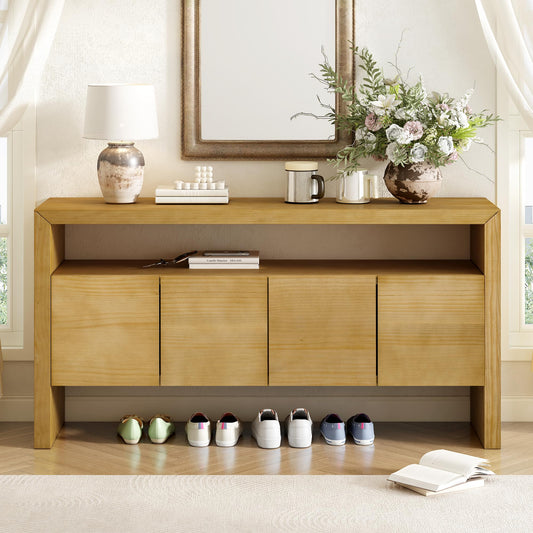 GDFStudio 60" Modern Buffet Cabinet with 4 Doors and Open Shelf, Solid Wood Veneer Sideboard Cabinet Credenza Storage Console Table for Kitchen Dining Room Living Room Entryway Coffee Bar, Natural